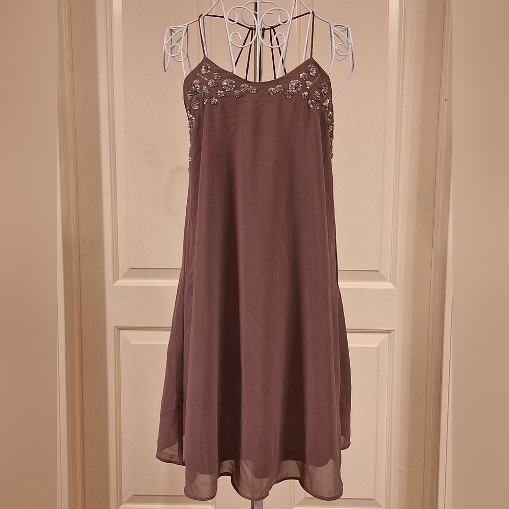 Ya Los Angeles Silk Spaghetti Strap Mini Dress w/ Sequins & Cutout Back in Brown